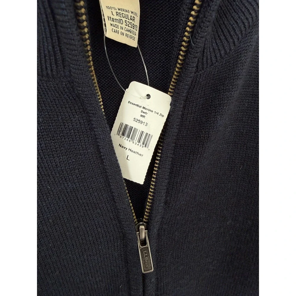 LL Bean‎ Mens Essential Merino 1/4 Zip Sweater Navy Heather Wool L 525913